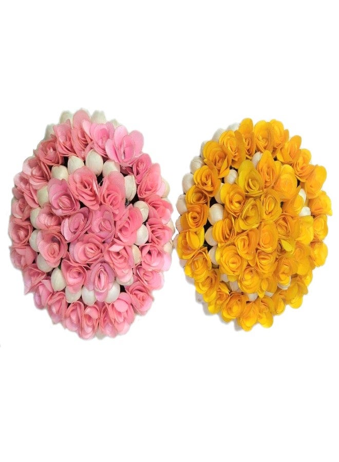 Maahal Artificial Flower Hair Bun Gajra Bridal Hair Styling Accessories Women and Girls-Pack of 02-Pink&Yellow - Image 1