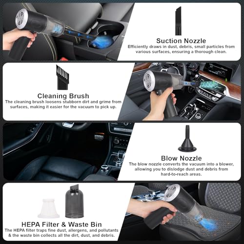 Pivalo 3-in-1 Cordless Car Vacuum Cleaner | USB Rechargeable Battery, 3 Attachments & Filter | Portable Wireless Handheld Mini Car Vaccum Cleaner for Home, Office & Travel (Pack of 1, Black) - Image 2