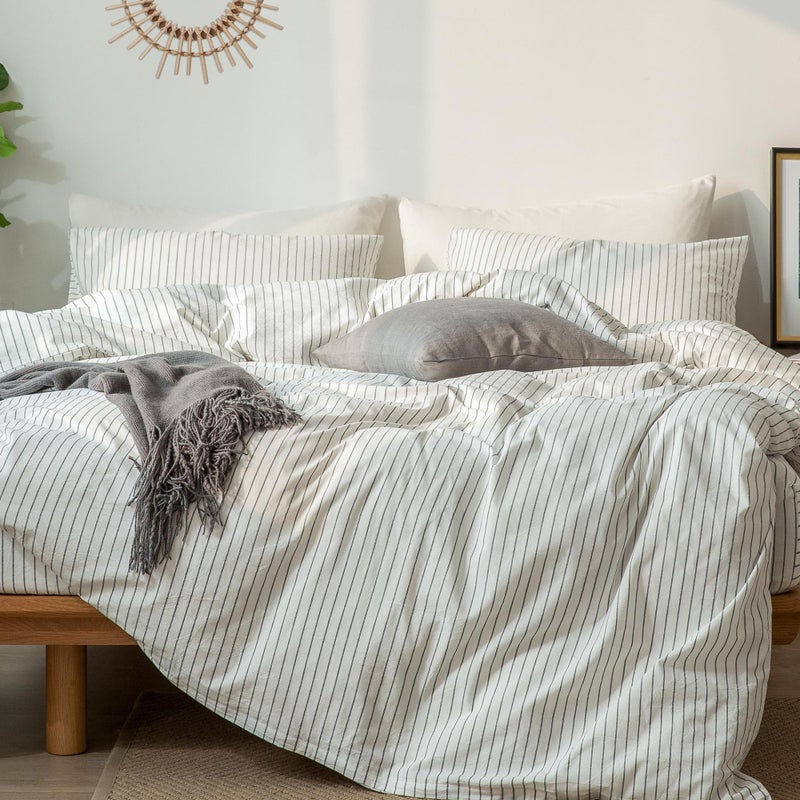 MooMee Striped Duvet Cover Set 100 Washed Cotton Linen Like Textured Breathable Durable Soft Comfy White Dark Grey Wide Stripes Queen 90x90