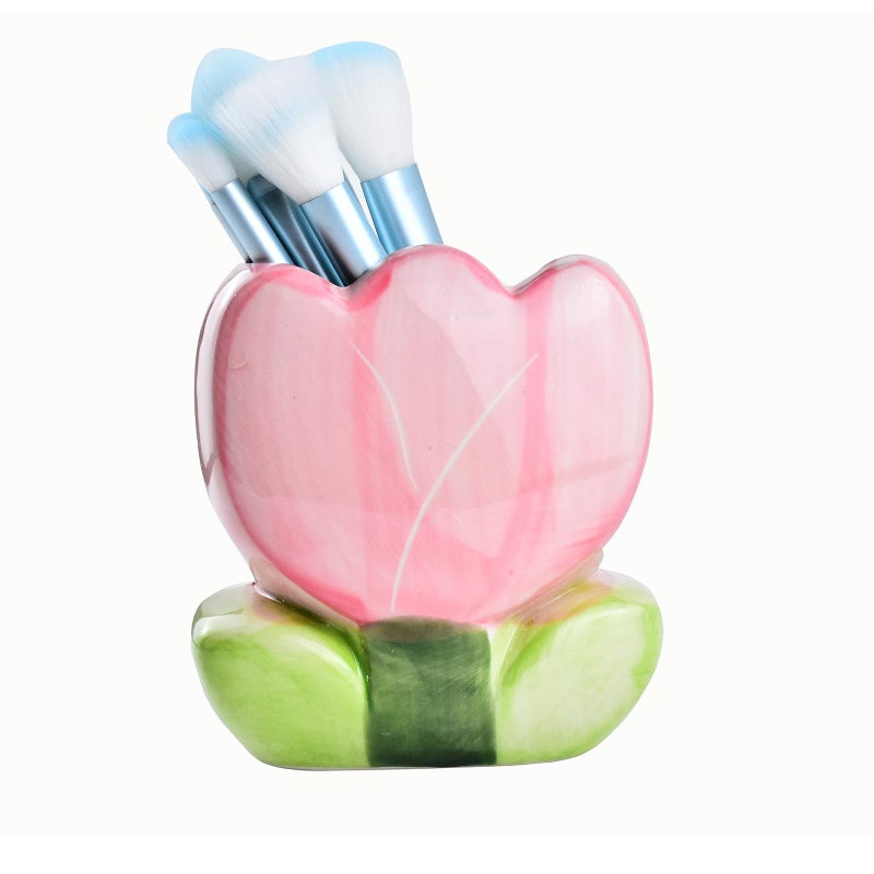 ESIW Ceramic Tulip Cosmetic Storage Box, Desktop Organizers Make Up Brush Storage Stand Desktop Storage Box for Brush,Pencil,Art Supplies, Painting Brush (Pink) - Image 1