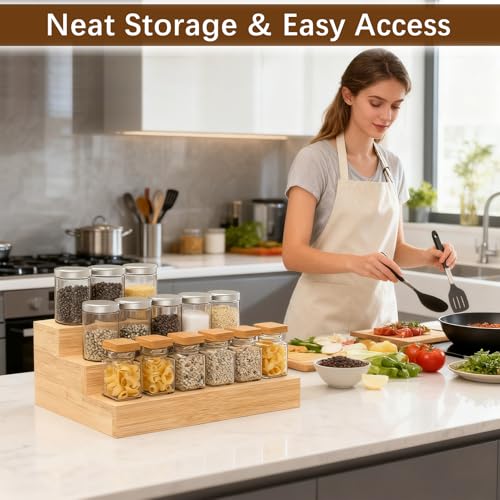 Bambition Bamboo Spice Rack for Cabinet, 3 Tier Spice Riser Shelf, 2 Pack Spices Stand for Pantry - Image 3