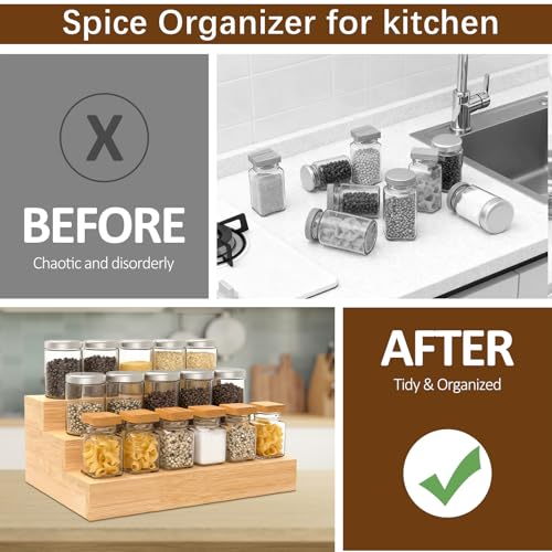 Bambition Bamboo Spice Rack for Cabinet, 3 Tier Spice Riser Shelf, 2 Pack Spices Stand for Pantry - Image 2