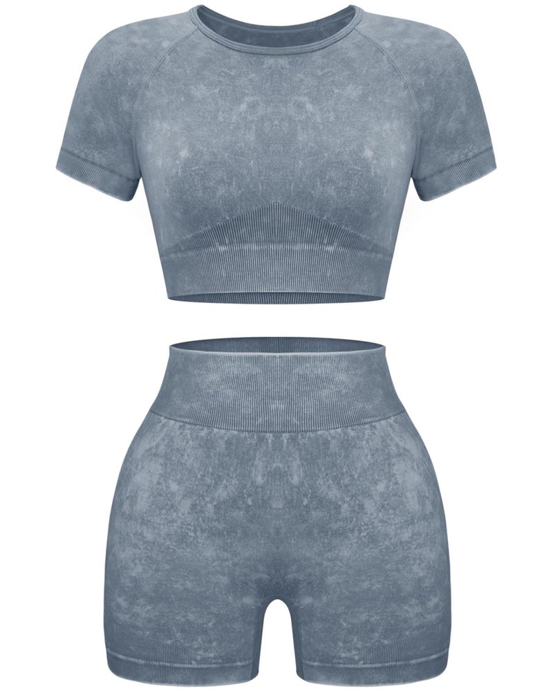 OLCHEE Womens Workout Sets 2 Piece - Seamless Acid Wash Yoga Outfits Leggings Shorts and Crop Top Matching Gym Activewear Athletic Clothing Set - Grey Large - Image 1