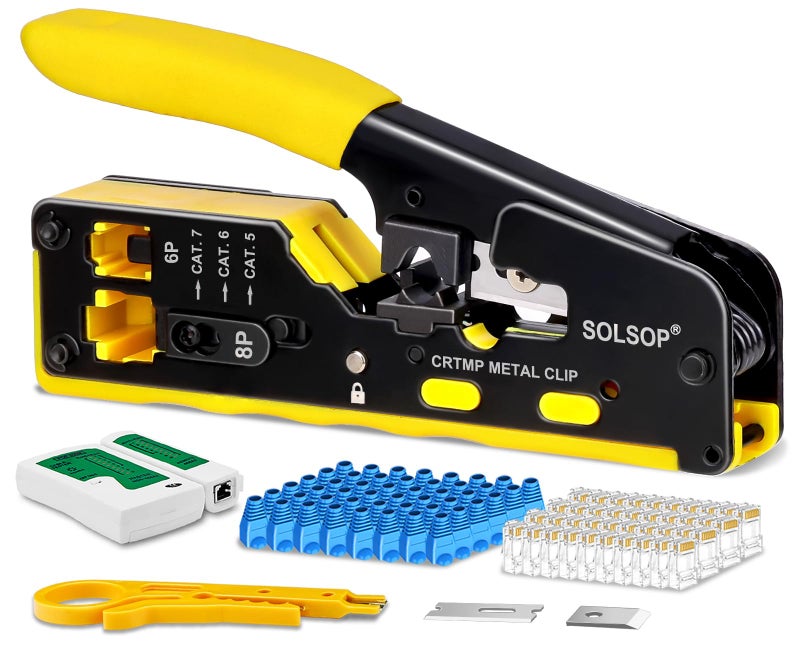 Solsop Pass Through RJ45 Crimp Tool Kit All-in-One Ethernet Crimper Cat7 Cat6 Cat5 Crimping Tool with Network Cable Tester, 50-Pack Cat6 RJ45 Pass Through Connector, 50-Pack Connector Boots - Image 1