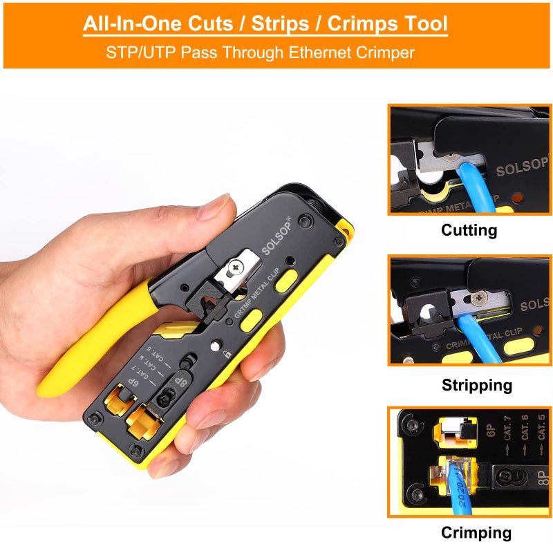 Solsop Pass Through RJ45 Crimp Tool Kit All-in-One Ethernet Crimper Cat7 Cat6 Cat5 Crimping Tool with Network Cable Tester, 50-Pack Cat6 RJ45 Pass Through Connector, 50-Pack Connector Boots - Image 2