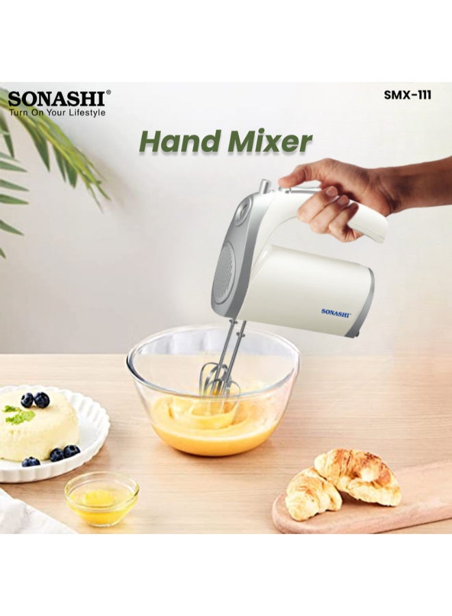 SONASHI Hand Mixer with 5 Speeds, Turbo Switch | 2 Beaters for Eggs & Creams | 2 Hooks for Mixing Dough | Perfect for Mixing, Whipping, Whisking, and Kneading 150 W SMX-111 Off-white/Silver - Image 5
