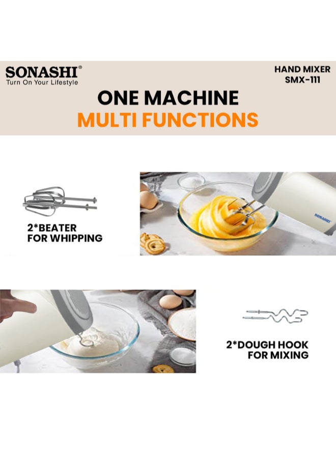 SONASHI Hand Mixer with 5 Speeds, Turbo Switch | 2 Beaters for Eggs & Creams | 2 Hooks for Mixing Dough | Perfect for Mixing, Whipping, Whisking, and Kneading 150 W SMX-111 Off-white/Silver - Image 4