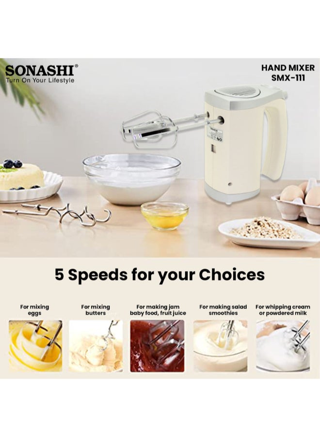 SONASHI Hand Mixer with 5 Speeds, Turbo Switch | 2 Beaters for Eggs & Creams | 2 Hooks for Mixing Dough | Perfect for Mixing, Whipping, Whisking, and Kneading 150 W SMX-111 Off-white/Silver - Image 3