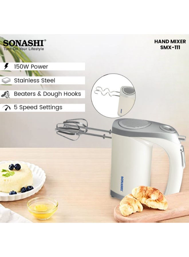 SONASHI Hand Mixer with 5 Speeds, Turbo Switch | 2 Beaters for Eggs & Creams | 2 Hooks for Mixing Dough | Perfect for Mixing, Whipping, Whisking, and Kneading 150 W SMX-111 Off-white/Silver - Image 2