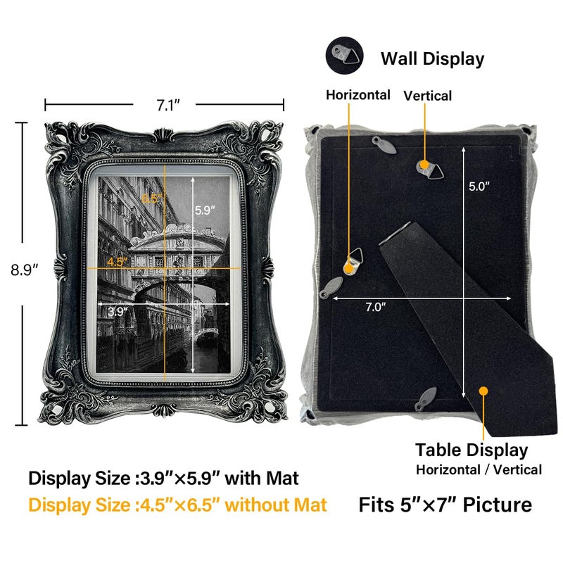 CISOO Vintage 5x7 Picture Frame, Display Pictures 4x6 with Mat or 5x7 without Mat, Antique Photo Frame, for Tabletop and Wall Display, Retro Photo Gallery Art Decor (Black with Silver) - Image 5