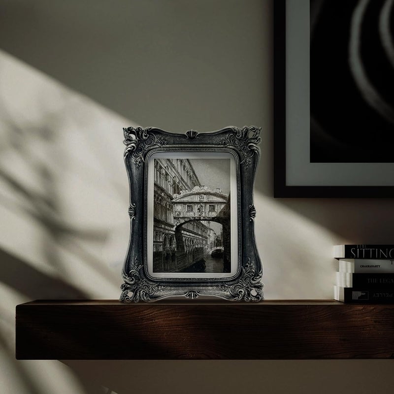 CISOO Vintage 5x7 Picture Frame, Display Pictures 4x6 with Mat or 5x7 without Mat, Antique Photo Frame, for Tabletop and Wall Display, Retro Photo Gallery Art Decor (Black with Silver) - Image 2