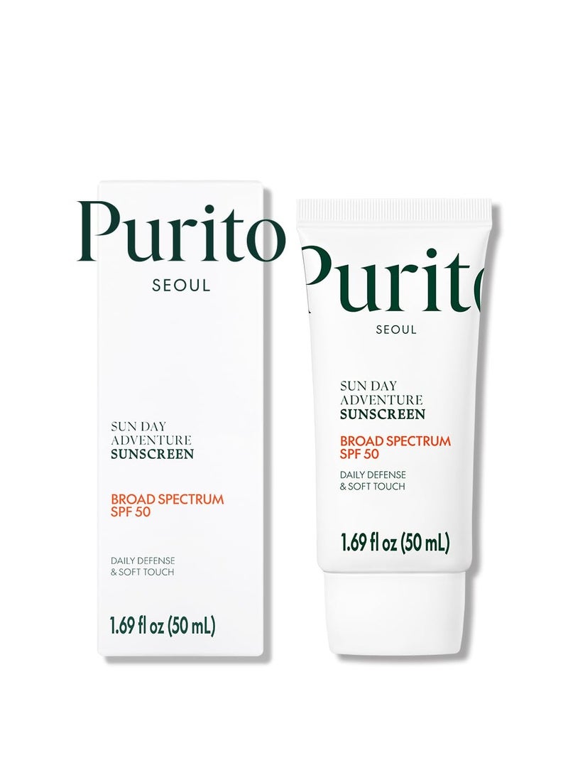 PURITO Sun Day Adventure Korean Sunscreen Smoothest and Lightest Texture Broad Spectrum SPF 50 UVA & UVB Protection No White Cast Oil Free For All Skin Types Vegan Daily Skin Care 50ml, 1.69 fl.oz - Image 1