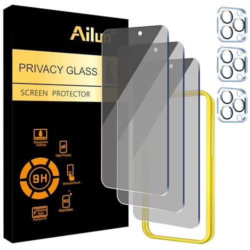 Ailun 3Pack Privacy Screen Protector for iPhone 15 Pro [6.1 inch]+3Pack Camera Lens Protector with Installation Frame,Dynamic Island Compatible,Anti Spy Private Tempered Glass[9H Hardness]-HD - Image 1