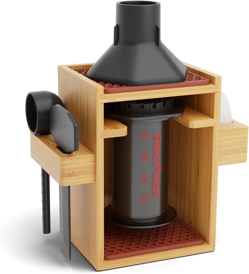 HEXNUB – Compact AeroPress Organizer Stand, Bamboo Coffee Caddy for AeroPress Coffee Maker, Accessories, Filters, Cups, Includes Mats - Brown - Image 1