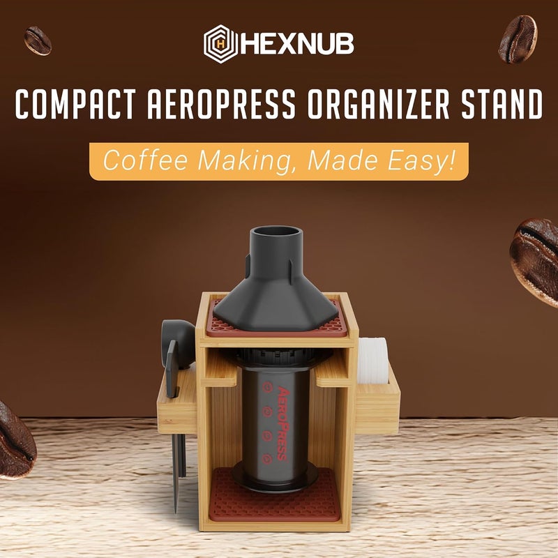 HEXNUB – Compact AeroPress Organizer Stand, Bamboo Coffee Caddy for AeroPress Coffee Maker, Accessories, Filters, Cups, Includes Mats - Brown - Image 2