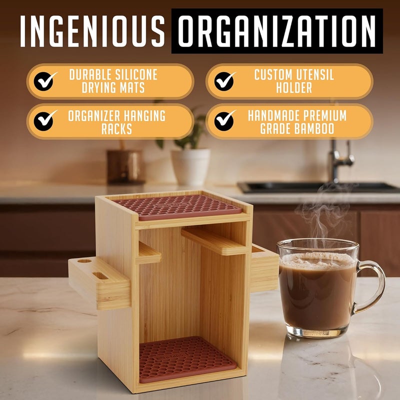 HEXNUB – Compact AeroPress Organizer Stand, Bamboo Coffee Caddy for AeroPress Coffee Maker, Accessories, Filters, Cups, Includes Mats - Brown - Image 5
