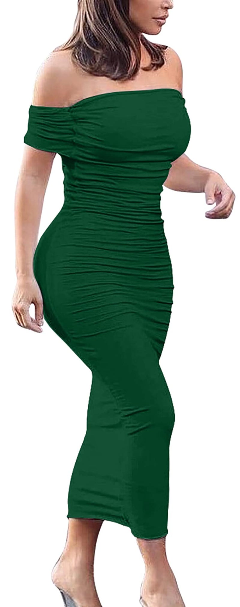 GOBLES Women's Ruched Off Shoulder Short Sleeve Bodycon Midi Elegant Cocktail Party Dress Green - Image 1