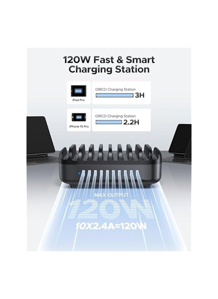 120W Charging Station for Multiple Devices 10 Ports Smart USB Charging Docking Organizer with Cooling Fan