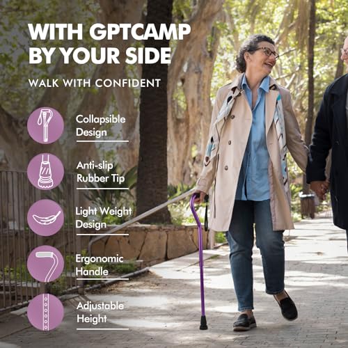 GPTCAMP Walking Cane and Walking Stick for Men WomenLightweight Folding Canes with Offset Soft Cushioned HandleAdjustableCollapsibleMobility Leg Surgery Recovery Purple - Image 5
