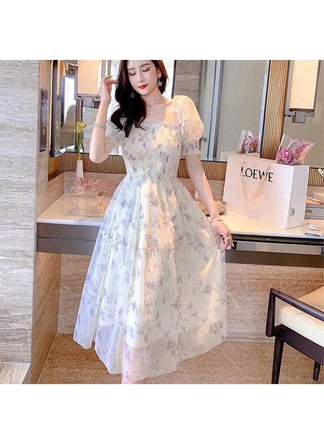 Casual Floral Party Dress Summer White Chiffon Long Dress Elegant Short Sleeve Fairy Dresses For Women Clothing Vestidos 20044 