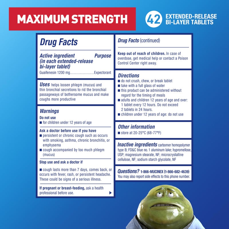 Mucinex 12 Hour Maximum Strength 1200 mg Guaifenesin Extended-Release Tablets for Excess Mucus Relief, Expectorant Aids Excess Mucus Removal, Chest Congestion Relief, 42 Tablets - Image 2