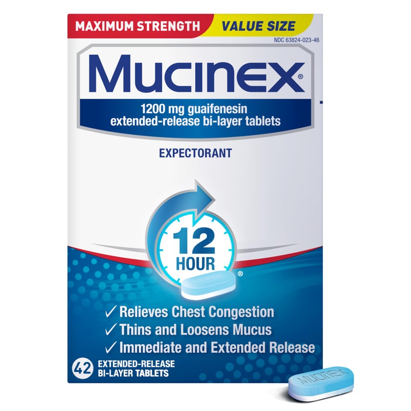Mucinex 12 Hour Maximum Strength 1200 mg Guaifenesin Extended-Release Tablets for Excess Mucus Relief, Expectorant Aids Excess Mucus Removal, Chest Congestion Relief, 42 Tablets - Image 1