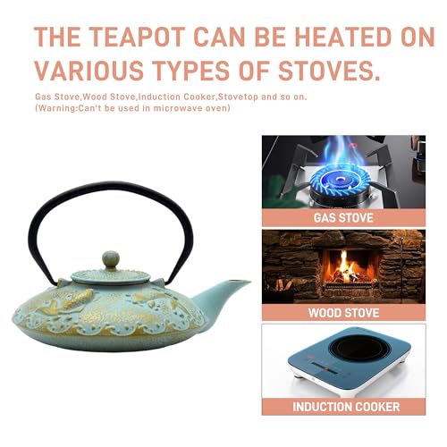 SECHUDO 27.1oz Small Cast Iron Teapot, SECHUDO Japanese Style Tea Kettle Coated with Enameled Interior for Stovetop Safe,Cast Iron Tea Pot with Stainless Steel Strainer for Loose Leaf,Flat Fish Pattern(800ml) - Image 4