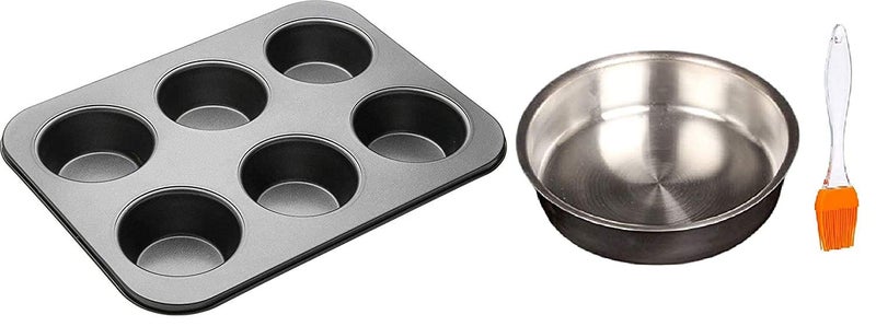 DiBha Round Shape Cake Pan Bakeware Combo 500 Grams Cake Maker Mould and Oil Brush with Muffin Trey 6 Slots - Image 1