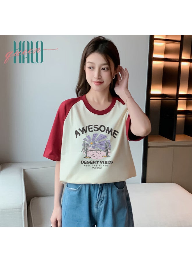 HALOQUEEN Halo Queen Women's Short Sleeve T-shirt Summer Korean Style Plant Print Trendy Top H143t1412 - Image 1