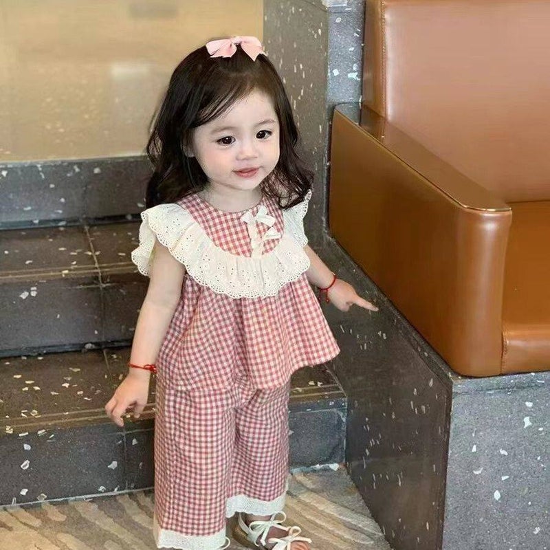 طقم صيفي بدون أكمام للبنات بنقشة المربعات - Image 1