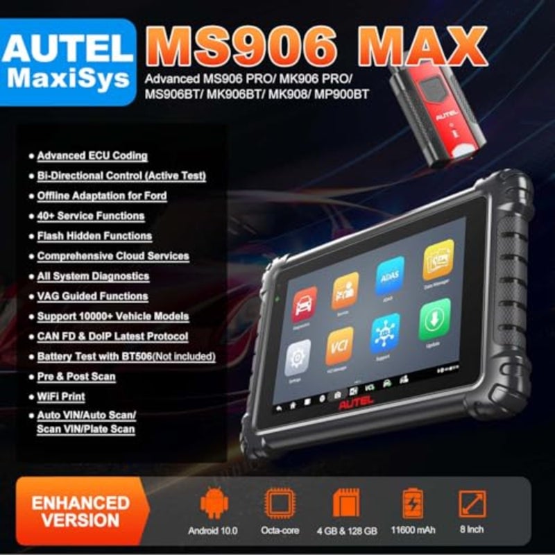 أداة المسح الضوئي MaxiSys MS906MAX، الماسح الضوئي MS906 PRO/ MK906 PRO/ MS906BT/ MK906BT/ MK908/ MP900BT المحدث، ترميز ECU، أكثر من 40 خدمة، أكثر من 3000 اختبار نشط، جميع أدوات تشخيص النظام، موجه VAG، FCA SGW - Image 2