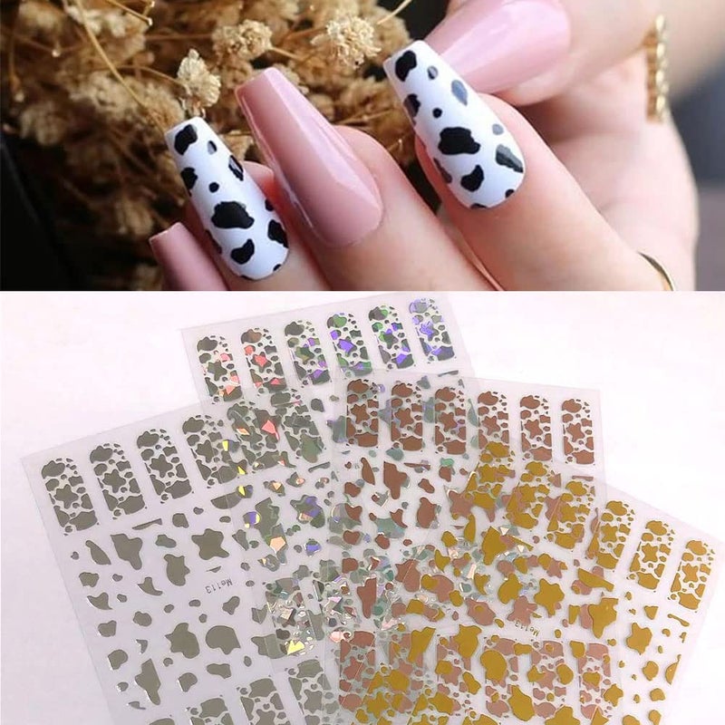 KZBTRBT 7 Sheets Gold Nail Art Stickers,Graffiti Nail Decals 3D Self-adhesive Nail Art Supplies Metal Laser Cow Graffiti Gold Silver Black Nail Art Design Manicure Tips DIY Nail Decoration,for Women Girl Kids - Image 5