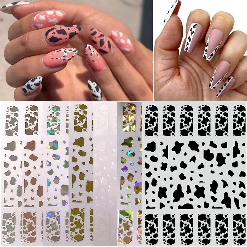 KZBTRBT 7 Sheets Gold Nail Art Stickers,Graffiti Nail Decals 3D Self-adhesive Nail Art Supplies Metal Laser Cow Graffiti Gold Silver Black Nail Art Design Manicure Tips DIY Nail Decoration,for Women Girl Kids - Image 2