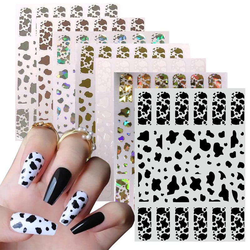 KZBTRBT 7 Sheets Gold Nail Art Stickers,Graffiti Nail Decals 3D Self-adhesive Nail Art Supplies Metal Laser Cow Graffiti Gold Silver Black Nail Art Design Manicure Tips DIY Nail Decoration,for Women Girl Kids - Image 1