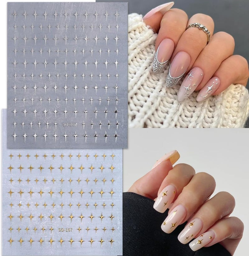 SPLOCUDU 12 Sheets Star Nail Stickers 3D Glitter Shiny Gold Silver White Black Stars Nail Art Design Decals Self-Adhesive Star Stickers DIY Nails Decals Nail Tips for Manicure Decoration - Image 2