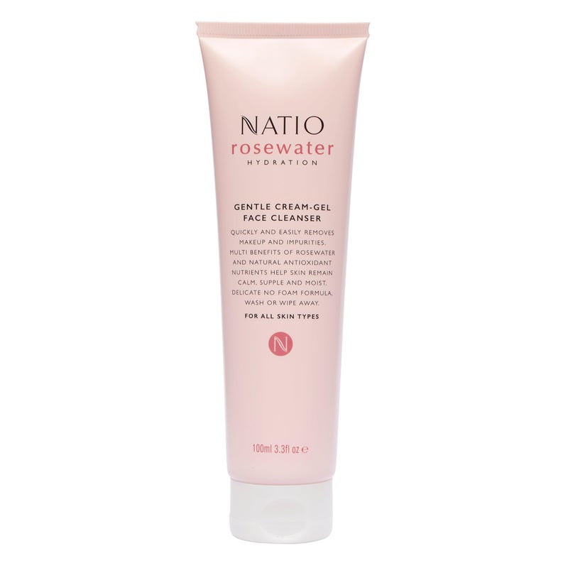 Natio Australia Rosewater Hydration Gentle Cream-Gel Face Cleanser, 3.3 oz - Facial Cleanser with Rosewater - Travel Size Face Wash for All Skin Types