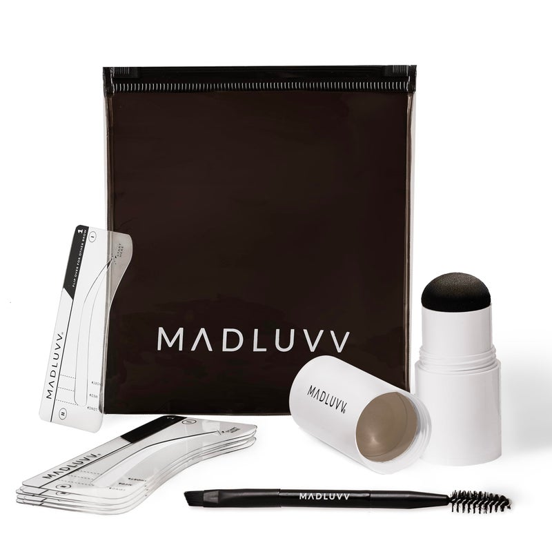 MADLUVV Brow Stamp Kit with Brow Stencils â€“ Easy Eyebrow Shaper for Natural-Looking Brows â€“ Popular Eyebrow Stencil Kit Used by Professionals â€“ 9 Shapes, Spoolie, Travel Bag & Stamp (Taupe) - Image 1