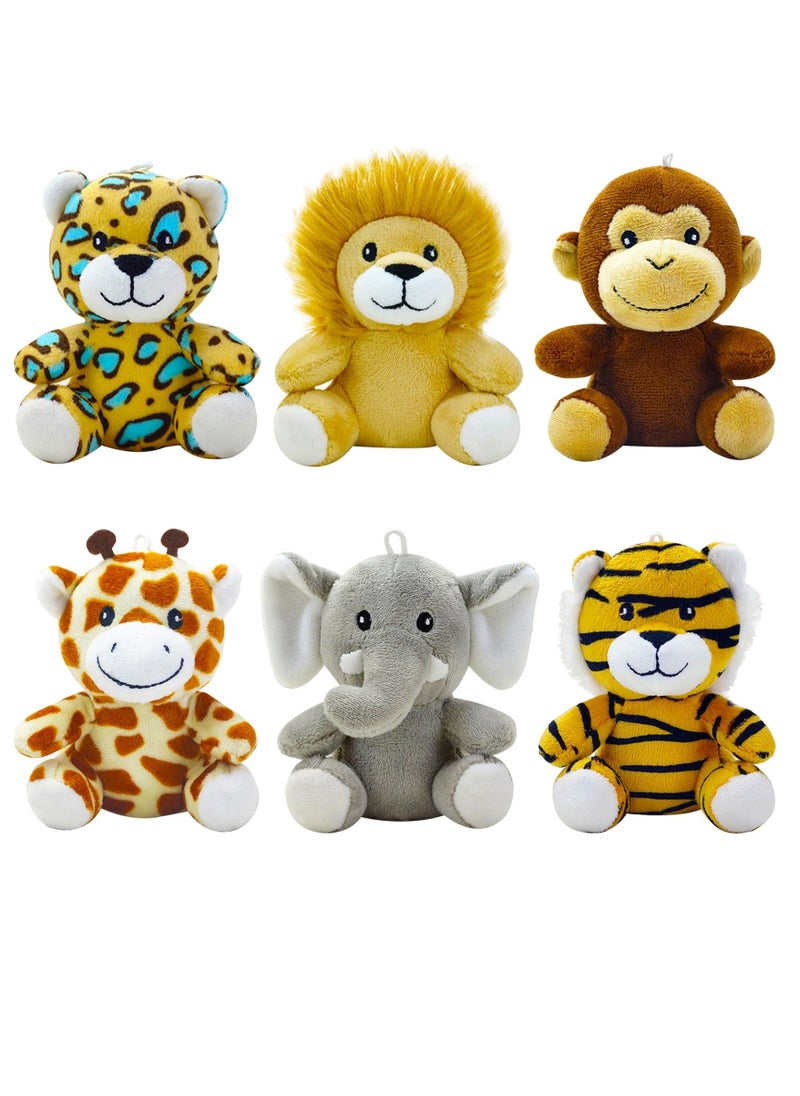 Toy 6 Piece Mini Jungle Stuffed Animals Set Lion Tiger Elephant Giraffe Leopard Monkey Soft Plush Toys for Animal and Woodland Themed Parties for Classroom Prizes and Gift for Boys and Girls  - Image 1