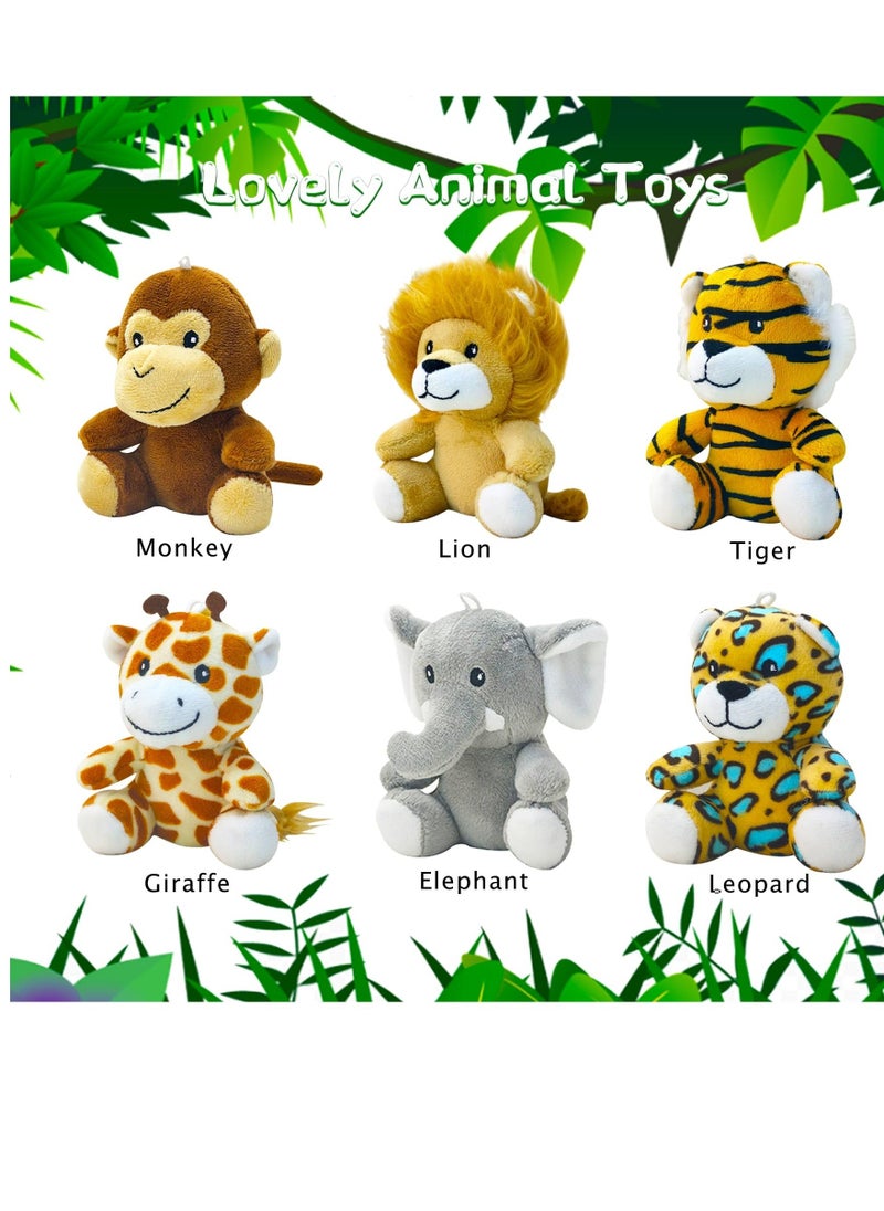Toy 6 Piece Mini Jungle Stuffed Animals Set Lion Tiger Elephant Giraffe Leopard Monkey Soft Plush Toys for Animal and Woodland Themed Parties for Classroom Prizes and Gift for Boys and Girls  - Image 2