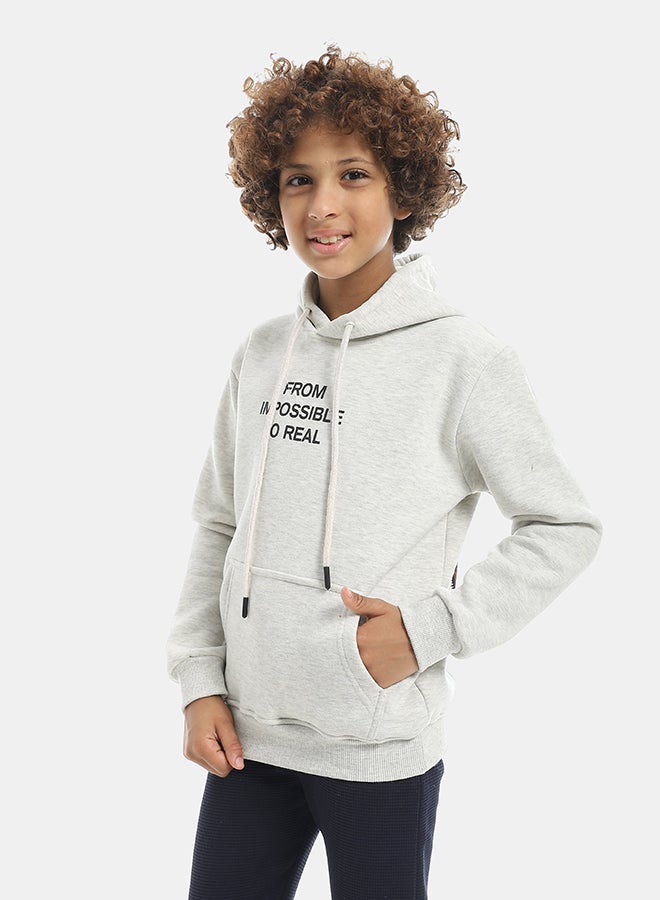 Andora Printed Long Sleeves Hooded With Drawstrings Hoodie - Light Grey - Image 2