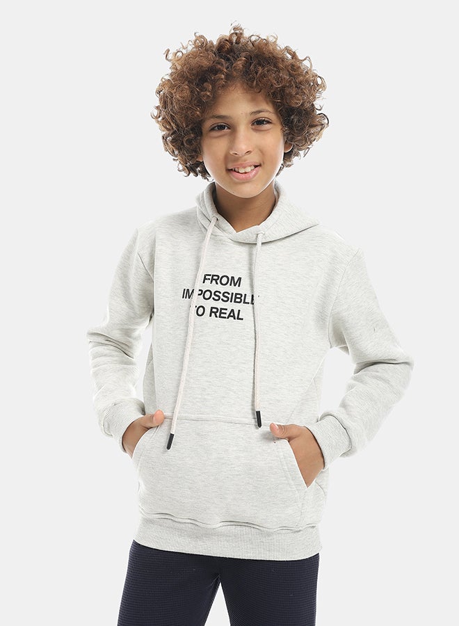 Andora Printed Long Sleeves Hooded With Drawstrings Hoodie - Light Grey - Image 1