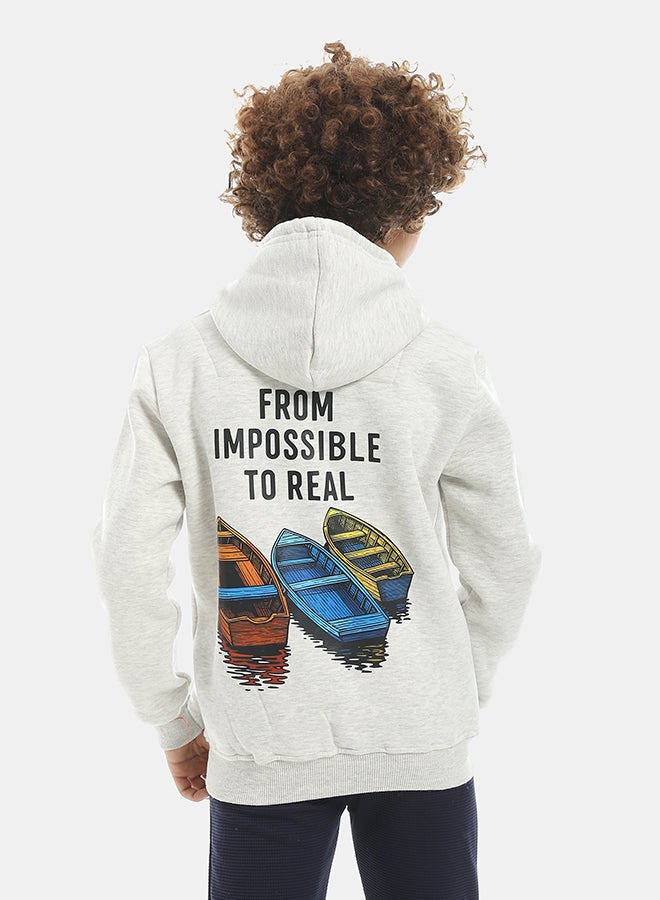 Andora Printed Long Sleeves Hooded With Drawstrings Hoodie - Light Grey - Image 3