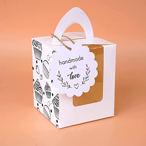 mudrit Paper Cupcake Boxes, Single Cupcake Carrier With Window, Insert Trays, Tags And Jute Twine Used For Muffins, Cookies, Chocolates, Macaroons As Party Favor Packing (White & Black- Pack Of 25) - Image 2