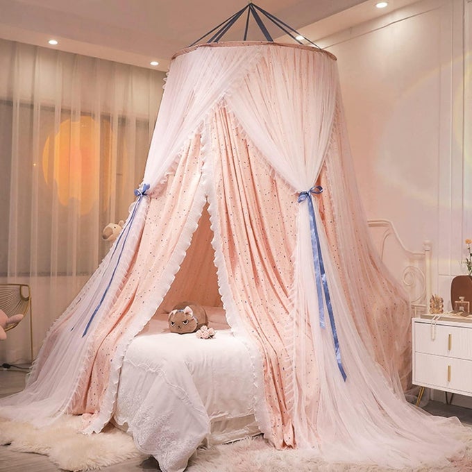 LUXURIOUS BED CANOPY FOR GIRLS ADULTS LARGE ELEGANT DOUBLE LAYER BED CURTAIN CANOPY DRAPES ROUND DOME LACE PRINCESS CANOPIES NETTING STAR