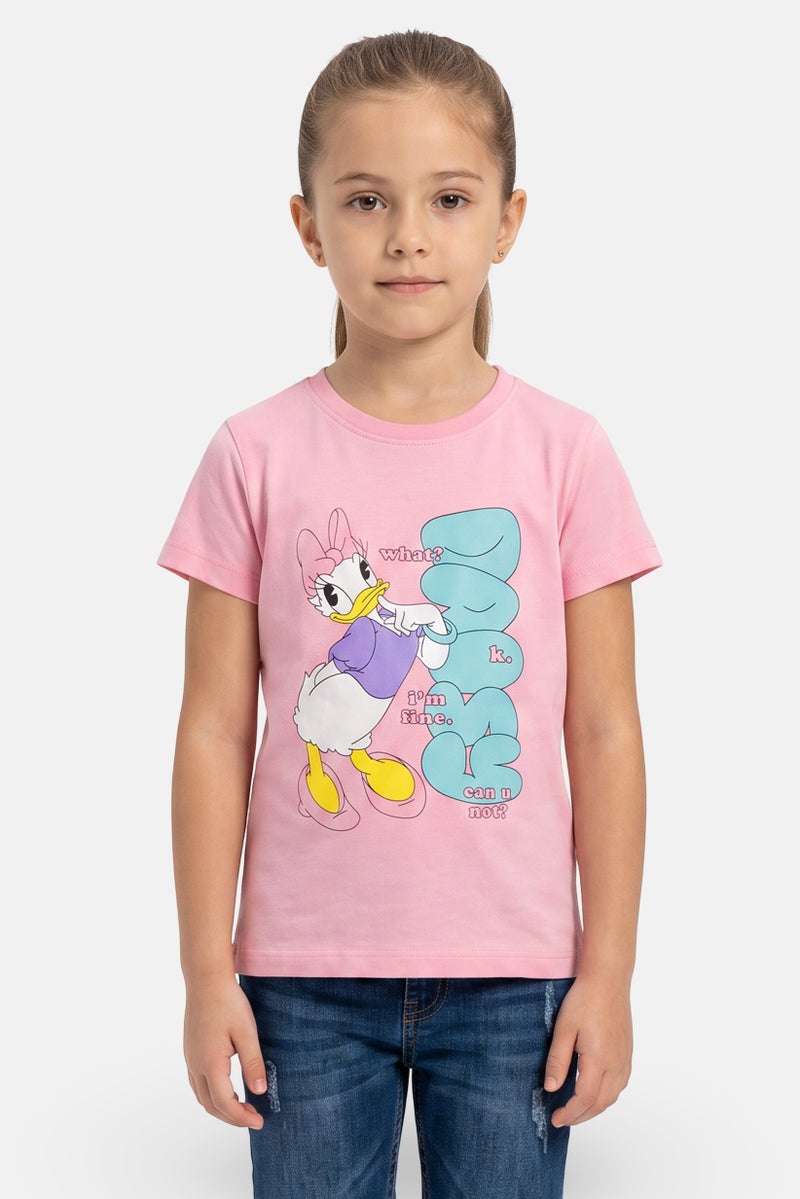 Disney Kids Girl Crew Neck Short Sleeve Mickey Daisy Print T-Shirt, Pink - Image 1