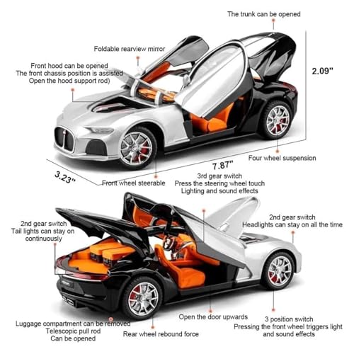 DEZICON 1:24 Scale Bugatti Toy Car for Kids Atlantic Model Car Diecast Metal Light Sound Pull Back Openable Door - Image 2