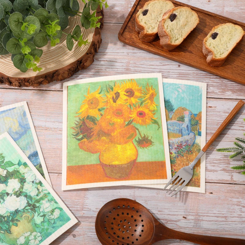 JarThenaAMCS Van Gogh Painting Swedish Kitchen Dishcloth 8 Designs Cotton Kitchen Towel Absorbent Dish Towel for Housewarming Cleaning Wipes  8Pcs  7 x 8 Inch - Image 4