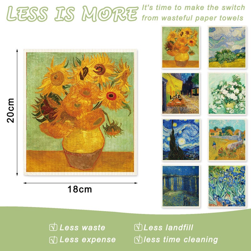 JarThenaAMCS Van Gogh Painting Swedish Kitchen Dishcloth 8 Designs Cotton Kitchen Towel Absorbent Dish Towel for Housewarming Cleaning Wipes  8Pcs  7 x 8 Inch - Image 2