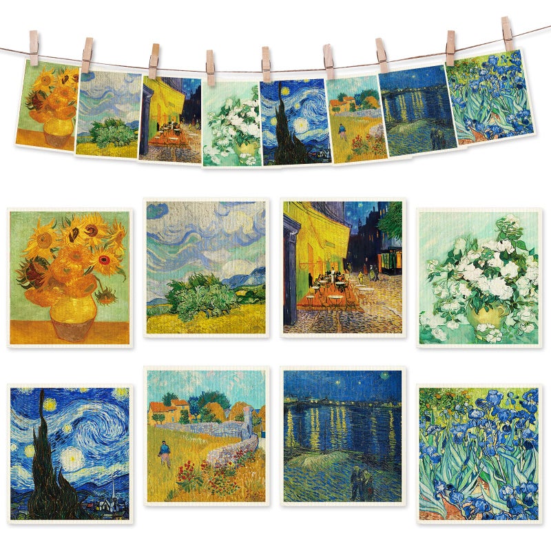 JarThenaAMCS Van Gogh Painting Swedish Kitchen Dishcloth 8 Designs Cotton Kitchen Towel Absorbent Dish Towel for Housewarming Cleaning Wipes  8Pcs  7 x 8 Inch - Image 1