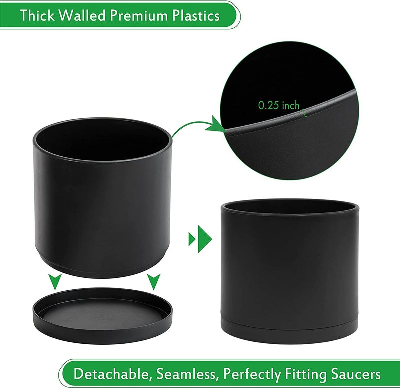 D'vine Dev 8 Inch Plastic Planter Pots for Plant Pot with Drainage Hole and Seamless Saucers, Black Color, 74-X-B-1 - Image 4